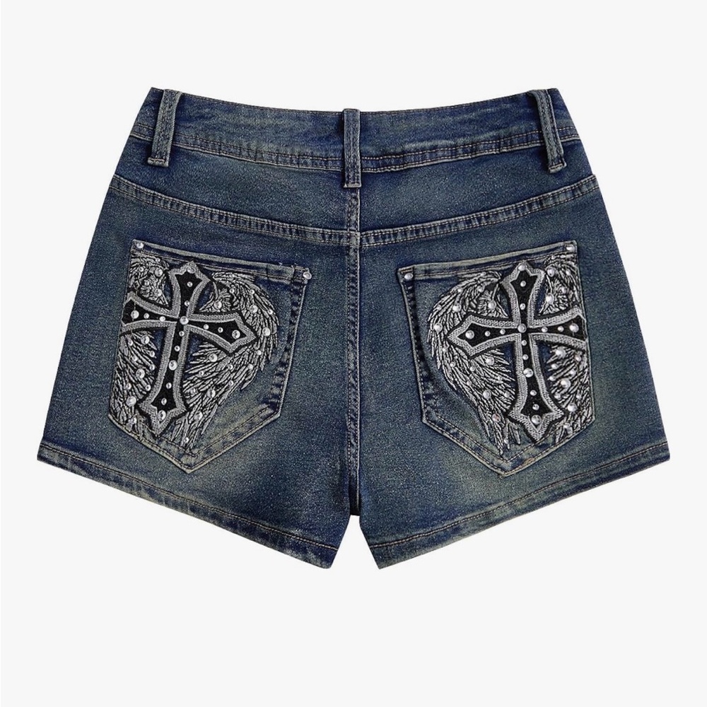 Cross Embroidery Rhinestone Denim Shorts Y2k Grunge Punk Jean Shorts Size Large
